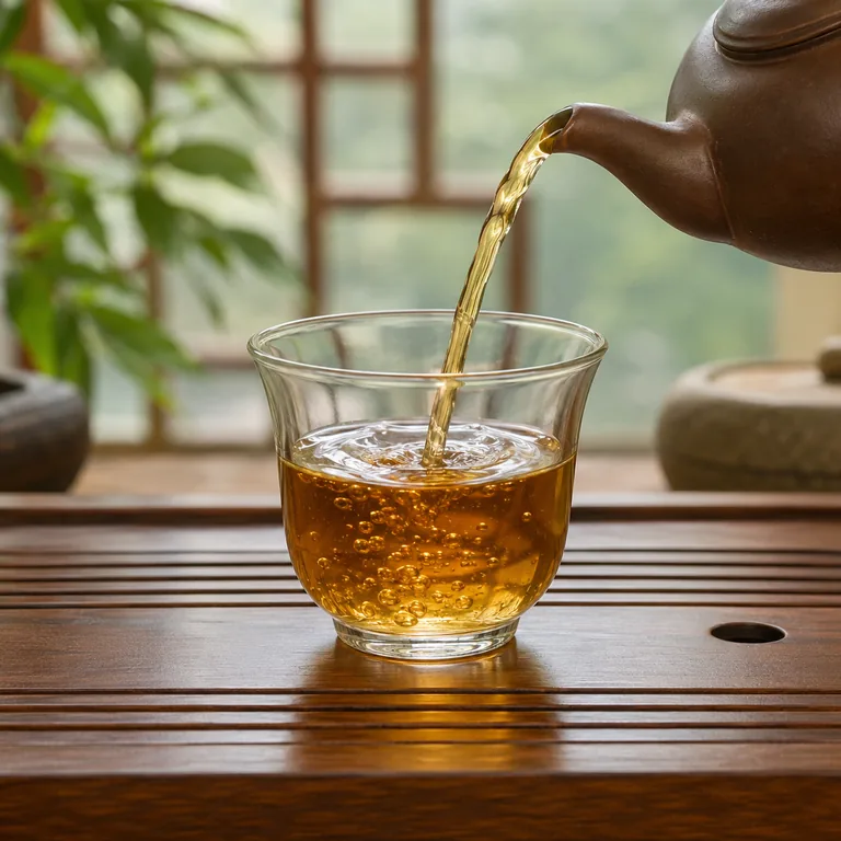ภาพประกอบคำศัพท์จีน 杯 กาน้ำชากำลังรินชาลงในถ้วยแก้ว