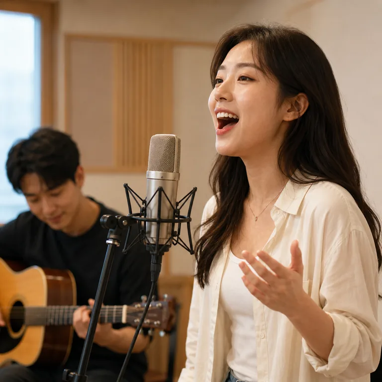ภาพประกอบคำศัพท์จีน 唱 หญิงกำลังร้องเพลงหน้าไมโครโฟนพร้อมนักกีตาร์