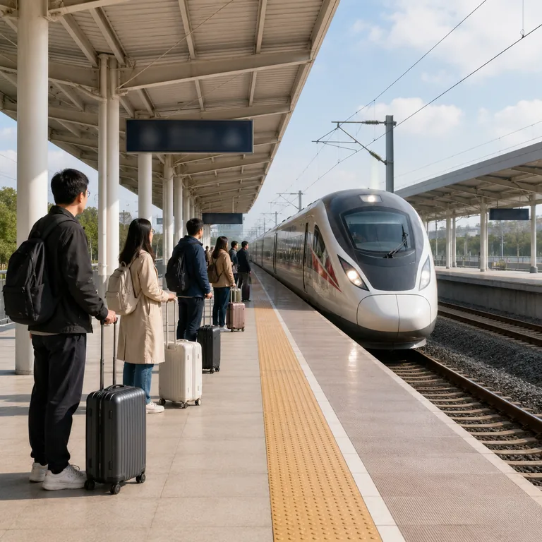 ภาพประกอบคำศัพท์จีน 车站 ผู้โดยสารรอรถไฟที่ชานชาลาสถานี
