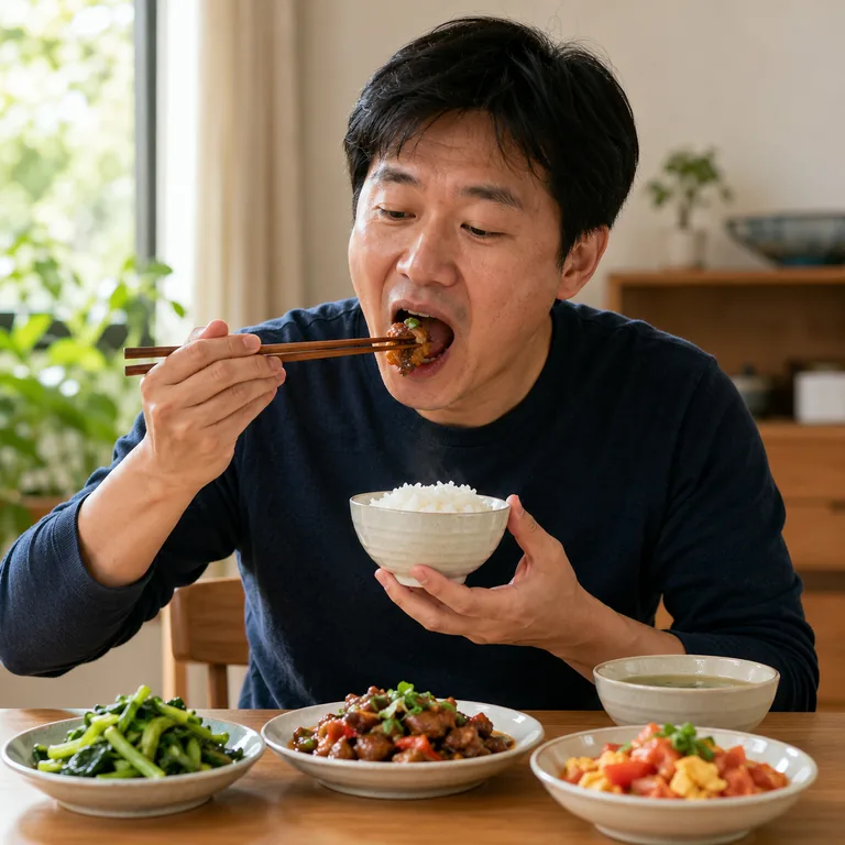 ภาพประกอบคำศัพท์จีน 吃 ชายกำลังกินอาหารด้วยตะเกียบ