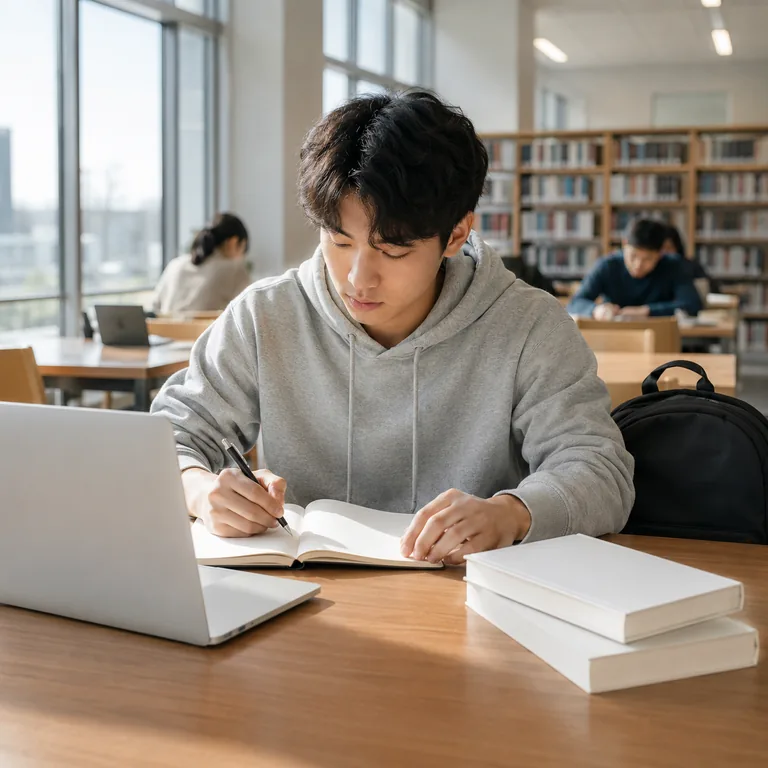 ภาพประกอบคำศัพท์จีน 大学生 นักศึกษามหาวิทยาลัยกำลังจดบันทึกในห้องสมุด