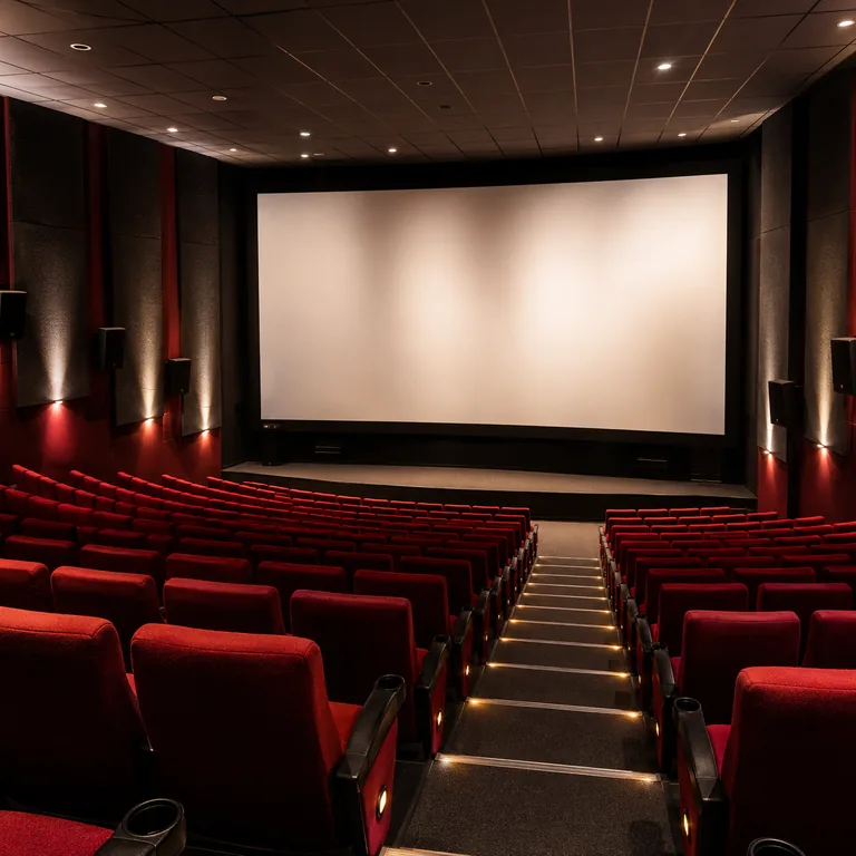 ภาพประกอบคำศัพท์จีน 电影院 ภายในโรงภาพยนตร์พร้อมจอและที่นั่งสีแดง