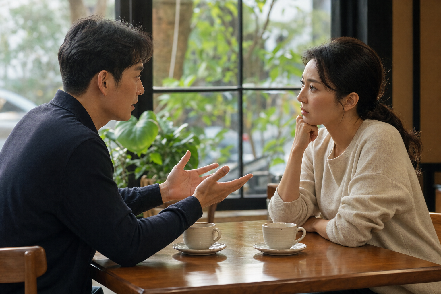 คนสองคนพูดคุยอย่างจริงใจในร้านกาแฟหลังเกิดความเข้าใจผิด