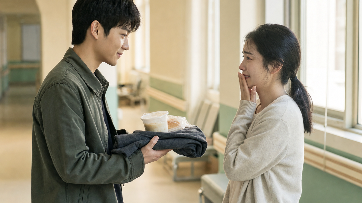 หญิงสาวซาบซึ้งเมื่อเพื่อนนำอาหารและเสื้อมาให้ในโรงพยาบาล