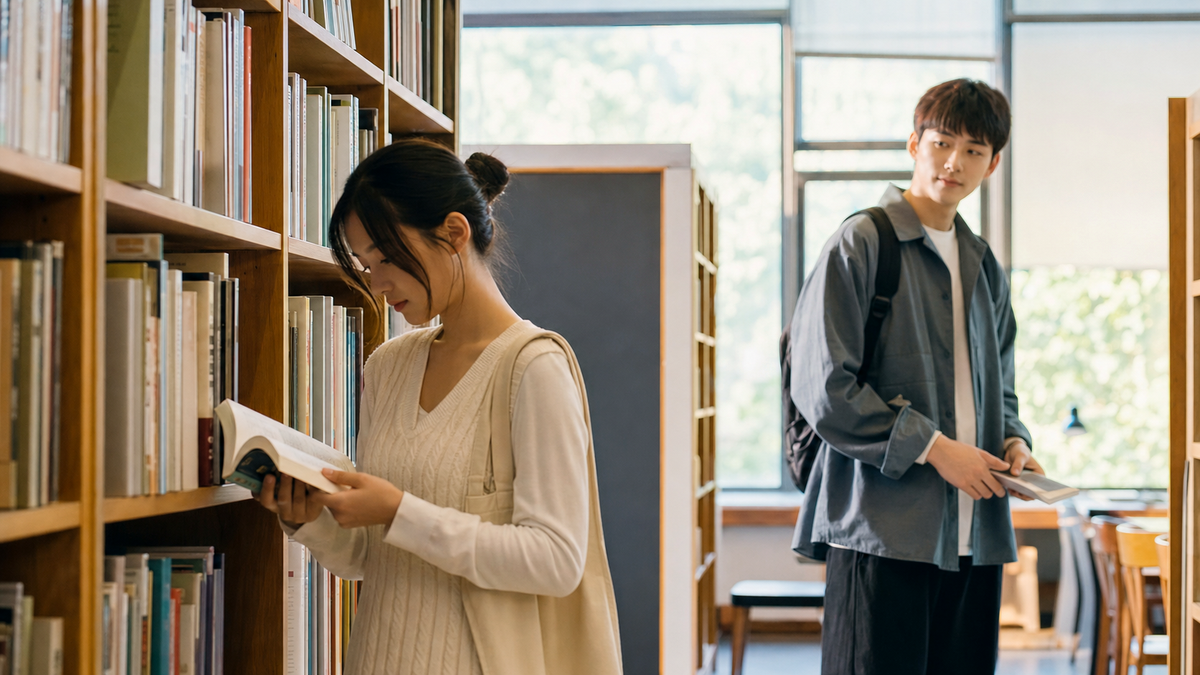 ฉากแอบชอบในห้องสมุดสำหรับเรียนศัพท์ความสัมพันธ์ภาษาจีน