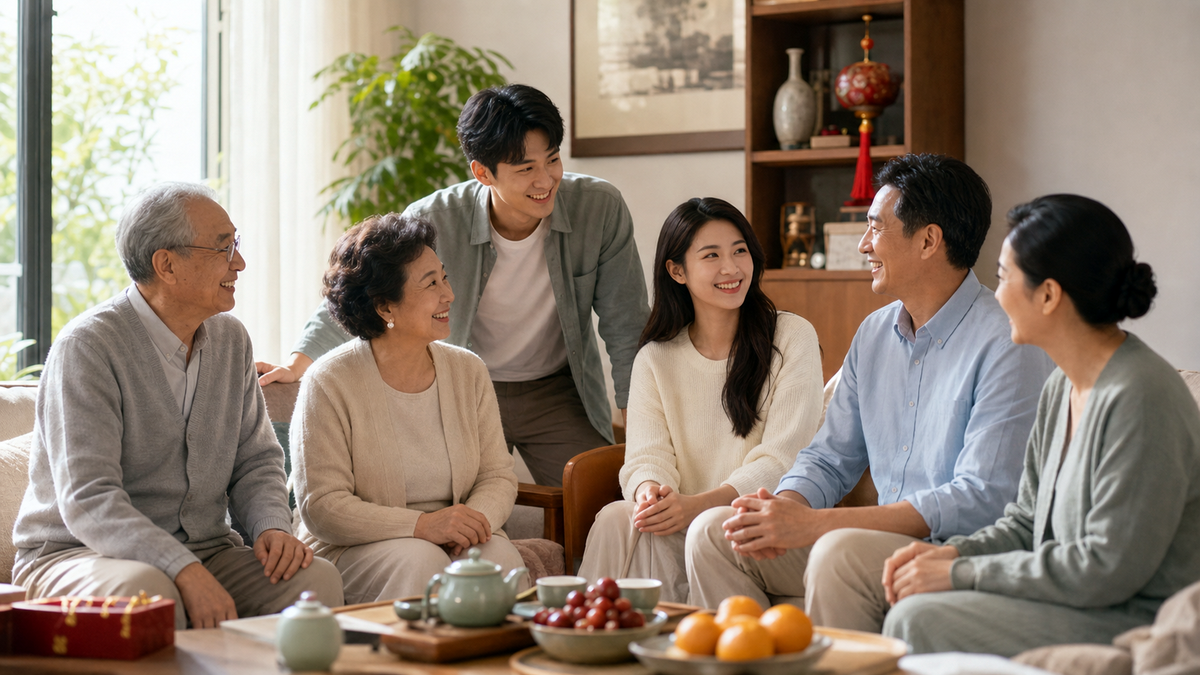 ครอบครัวจีนหลายรุ่นนั่งคุยกันในบ้าน ใช้ประกอบบทความคำเรียกญาติภาษาจีน
