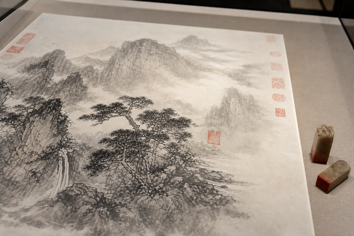ตราประทับสีแดงหลายดวงบนภาพเขียนทิวทัศน์จีน
