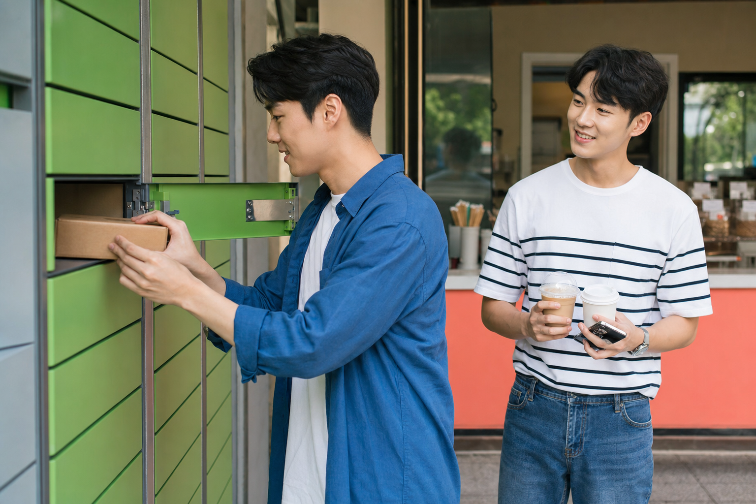 คนหนุ่มสองคนรับพัสดุจากล็อกเกอร์ในย่านสมัยใหม่