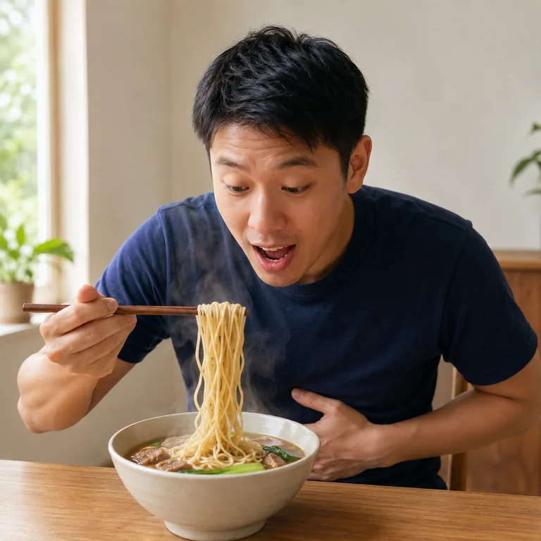 ภาพประกอบคำศัพท์จีน 饿 ชายกำลังหิวและรีบกินบะหมี่