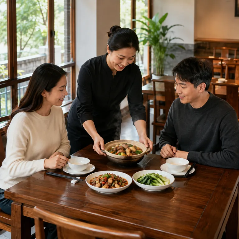 ภาพประกอบคำศัพท์จีน 饭店 พนักงานกำลังเสิร์ฟอาหารให้ลูกค้าในร้านอาหาร