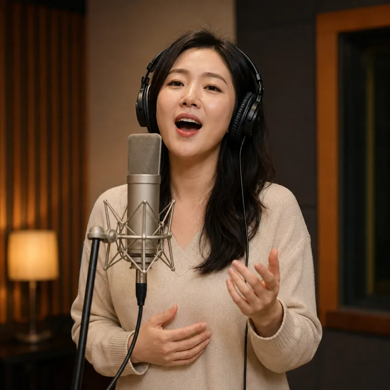 ภาพประกอบคำศัพท์จีน 歌 นักร้องหญิงกำลังร้องเพลงในห้องบันทึกเสียง