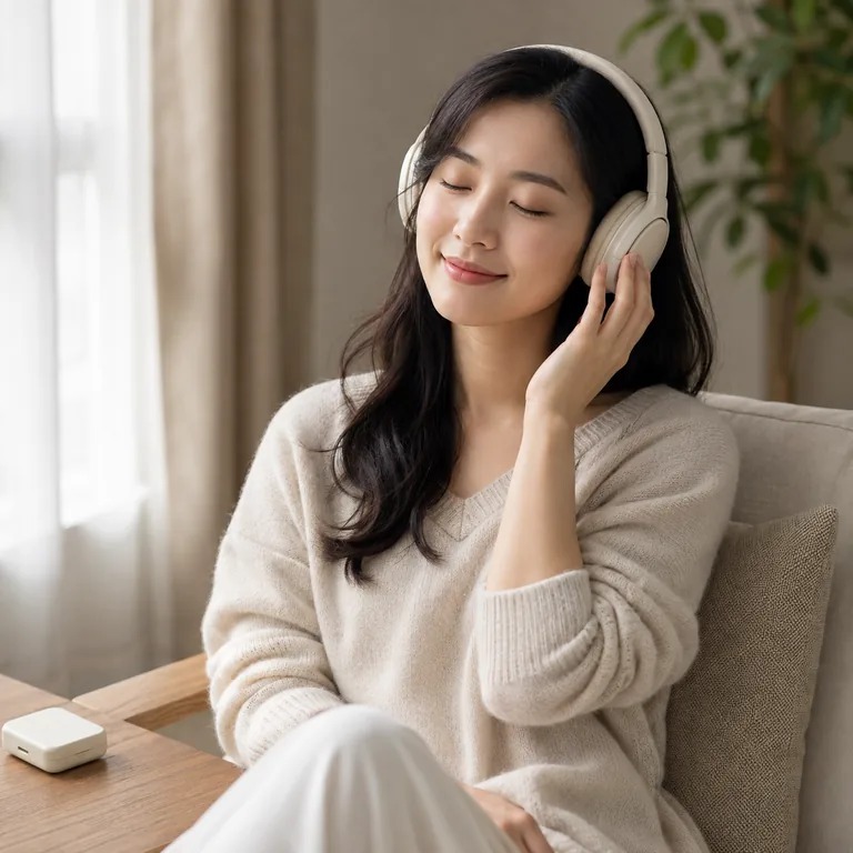 ภาพประกอบคำศัพท์จีน 好听 ผู้หญิงฟังเสียงเพลงไพเราะด้วยหูฟังอย่างผ่อนคลาย