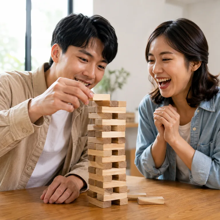 ภาพประกอบคำศัพท์จีน 好玩儿 เพื่อนสองคนเล่นเกมต่อหอไม้อย่างสนุกสนาน
