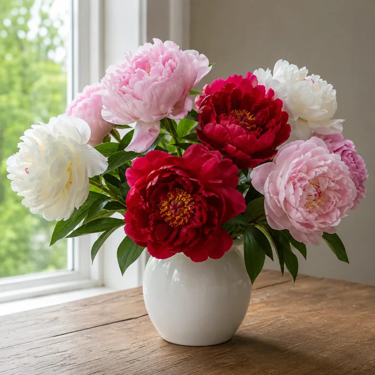 ภาพประกอบคำศัพท์จีน 花 ช่อดอกโบตั๋นหลากสีบานอยู่ในแจกัน