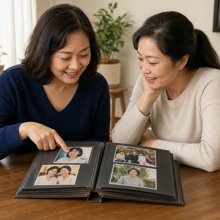 ภาพประกอบคำศัพท์จีน 记得 ผู้ใหญ่ชี้ภาพในอัลบั้มและจำบุคคลในภาพได้