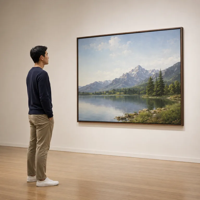 ภาพประกอบคำศัพท์จีน 看 คนกำลังมองภาพวาดในแกลเลอรี