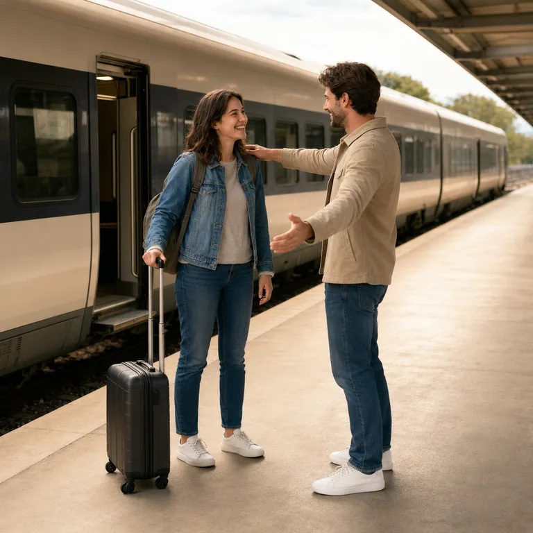 ภาพประกอบคำศัพท์จีน 来到 นักเดินทางมาถึงสถานีและพบเพื่อนที่มารอรับ