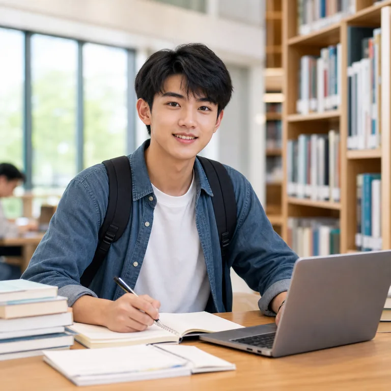 ภาพประกอบคำศัพท์จีน 男生 นักเรียนชายกำลังอ่านหนังสือในห้องสมุด