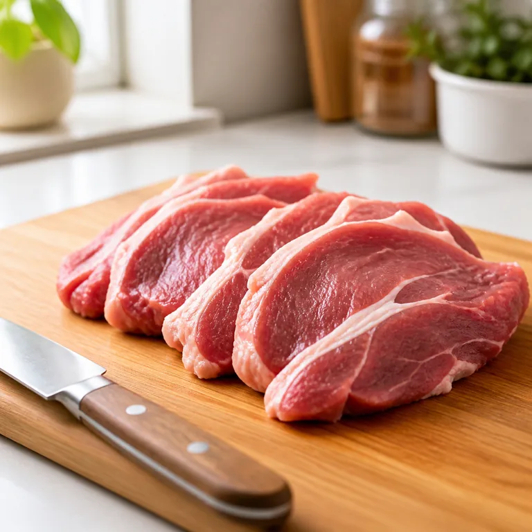 ภาพประกอบคำศัพท์จีน 肉 เนื้อสดวางบนเขียงในครัว