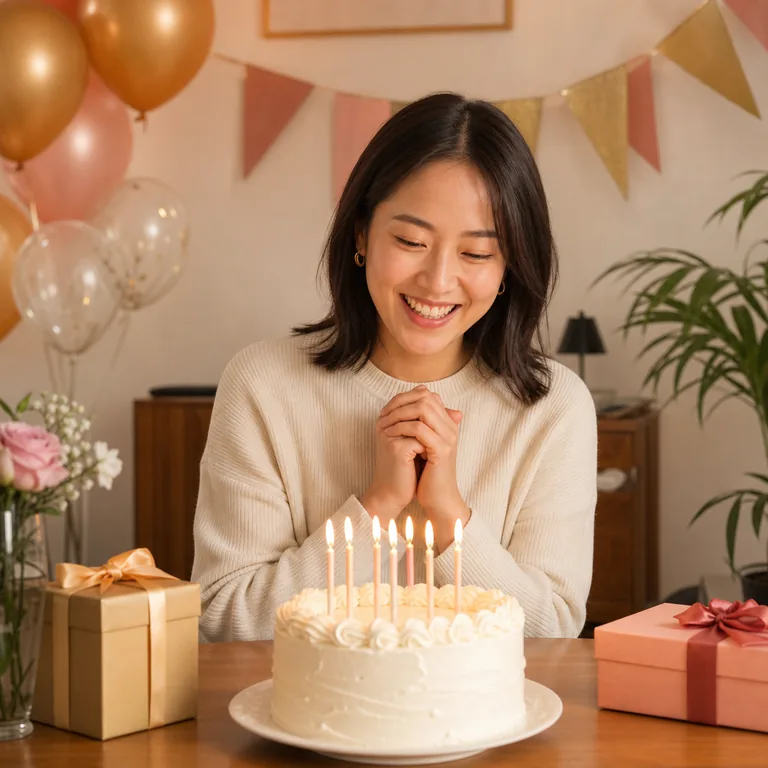ภาพประกอบคำศัพท์จีน 生日 คนกำลังฉลองวันเกิดหน้าเค้กและของขวัญ