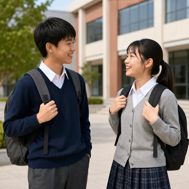 ภาพประกอบคำศัพท์จีน 同学 นักเรียนสองคนกำลังพูดคุยกันหน้าโรงเรียน