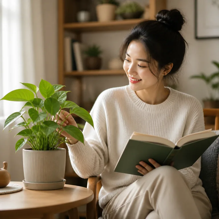 ภาพประกอบคำศัพท์จีน 喜欢 คนกำลังเพลิดเพลินกับต้นไม้ที่ชอบขณะอ่านหนังสือ