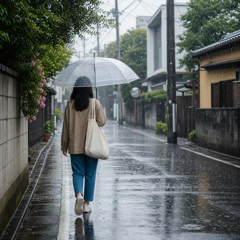 ภาพประกอบคำศัพท์จีน 下雨 คนกำลังเดินกางร่มท่ามกลางฝนตก