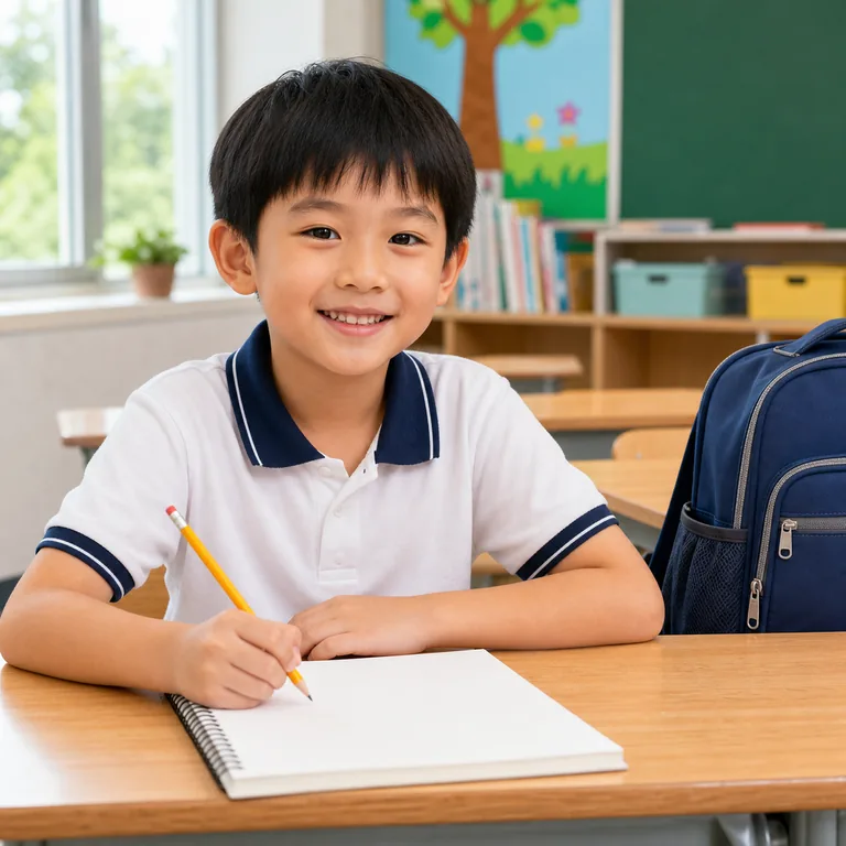 ภาพประกอบคำศัพท์จีน 小学生 นักเรียนประถมกำลังเขียนในห้องเรียน