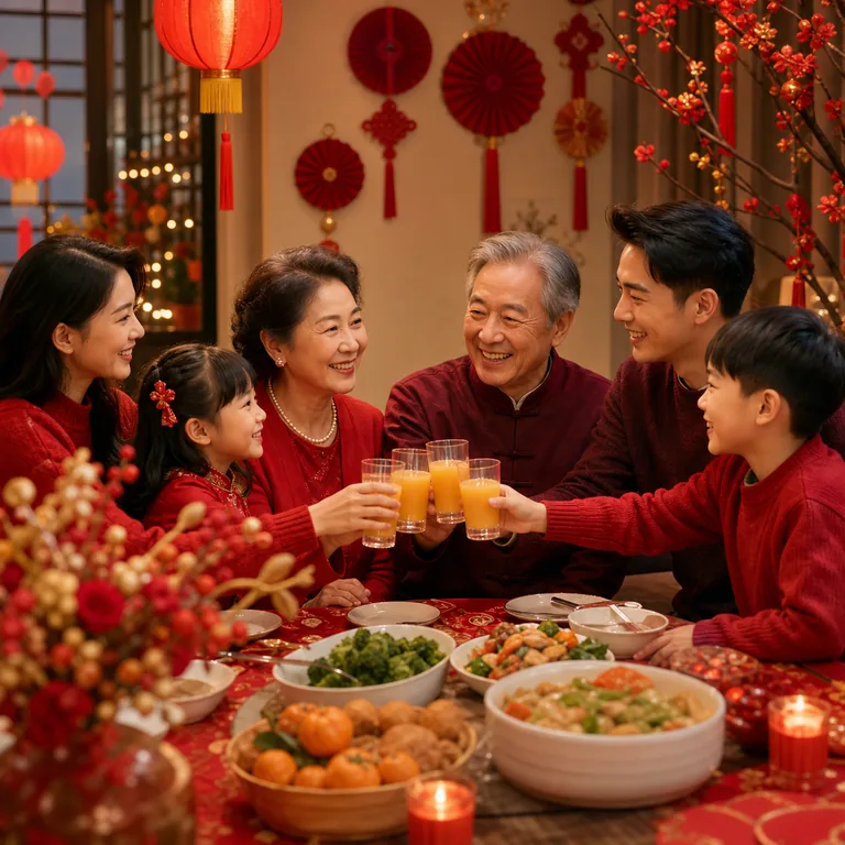 ภาพประกอบคำศัพท์จีน 新年 ครอบครัวกำลังฉลองปีใหม่ร่วมกันที่โต๊ะอาหาร