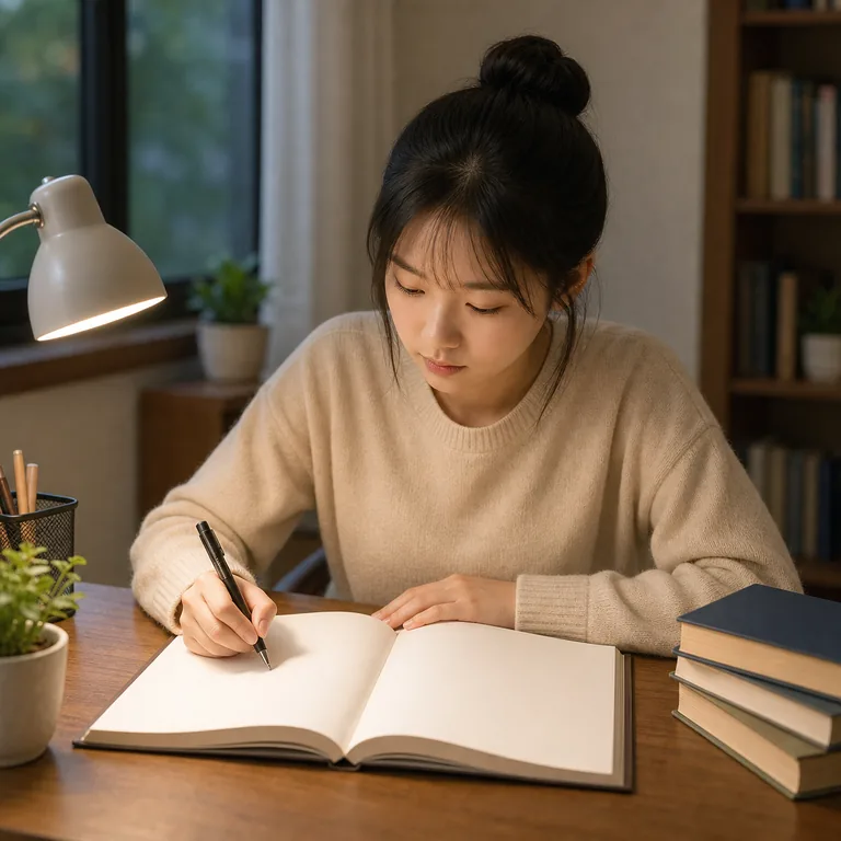 ภาพประกอบคำศัพท์จีน 学 คนกำลังนั่งเรียนและจดบันทึกที่โต๊ะ