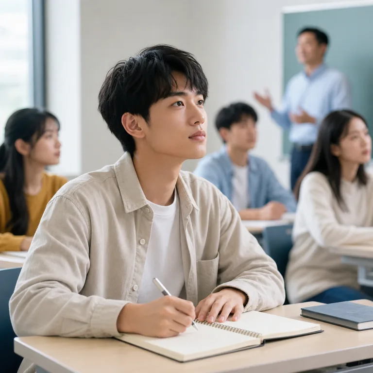 ภาพประกอบคำศัพท์จีน 学生 นักเรียนกำลังจดบันทึกในห้องเรียน