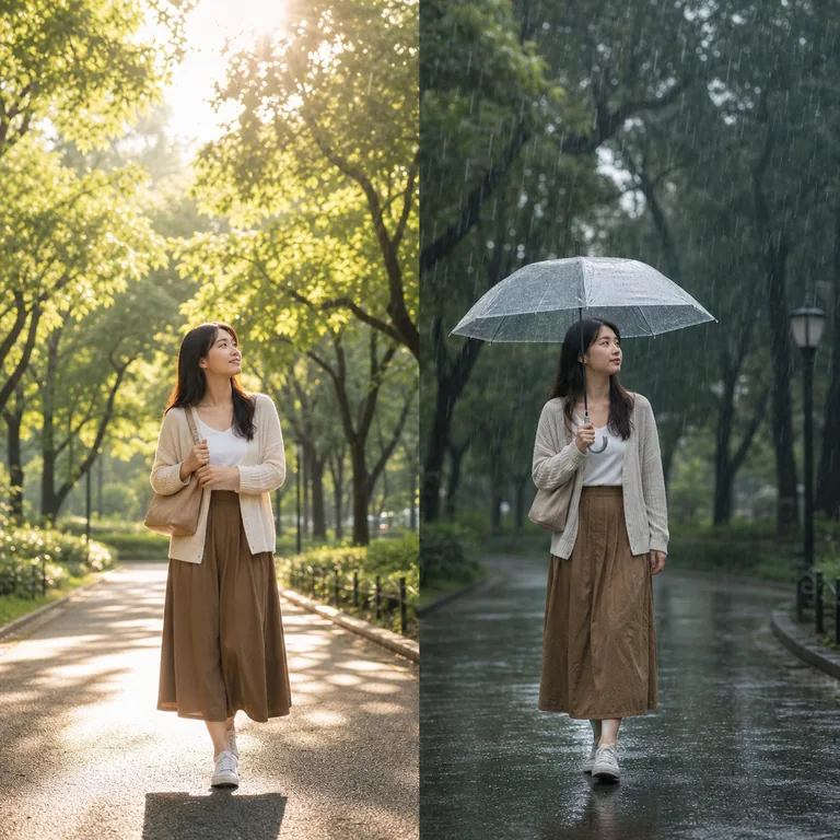 ภาพประกอบคำศัพท์จีน 有时候 คนเดิมในสวนช่วงแดดออกและช่วงฝนตก