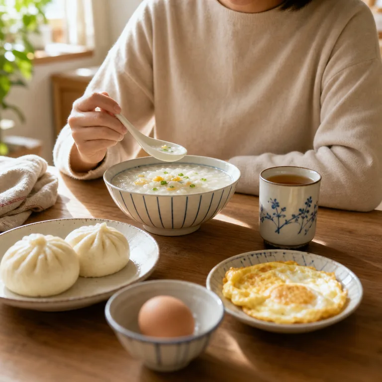 ภาพประกอบคำศัพท์จีน 早饭 อาหารเช้าสไตล์จีนบนโต๊ะพร้อมคนกำลังกิน
