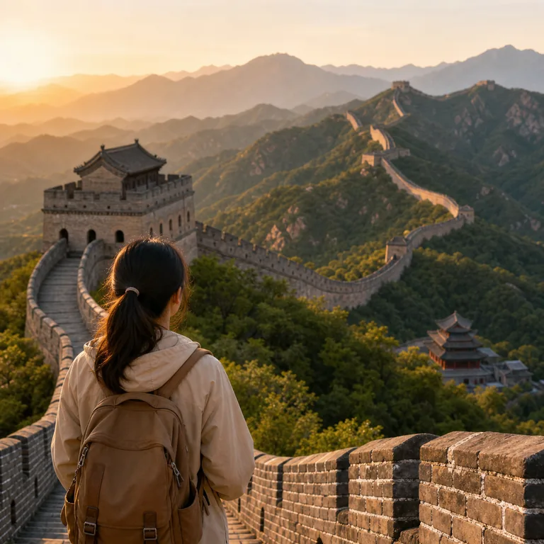 ภาพประกอบคำศัพท์จีน 中国 นักท่องเที่ยวชมกำแพงเมืองจีนท่ามกลางภูเขา