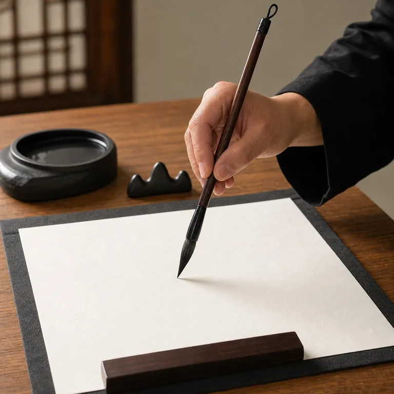 ภาพประกอบคำศัพท์จีน 字 พู่กันกำลังจรดลงบนกระดาษว่าง