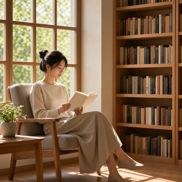 ภาพประกอบคำศัพท์จีน 安静 คนกำลังอ่านหนังสือในบรรยากาศเงียบสงบ