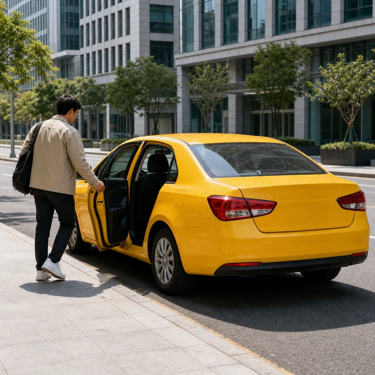 ภาพประกอบคำศัพท์จีน 出租车 ผู้โดยสารกำลังขึ้นรถแท็กซี่สีเหลือง