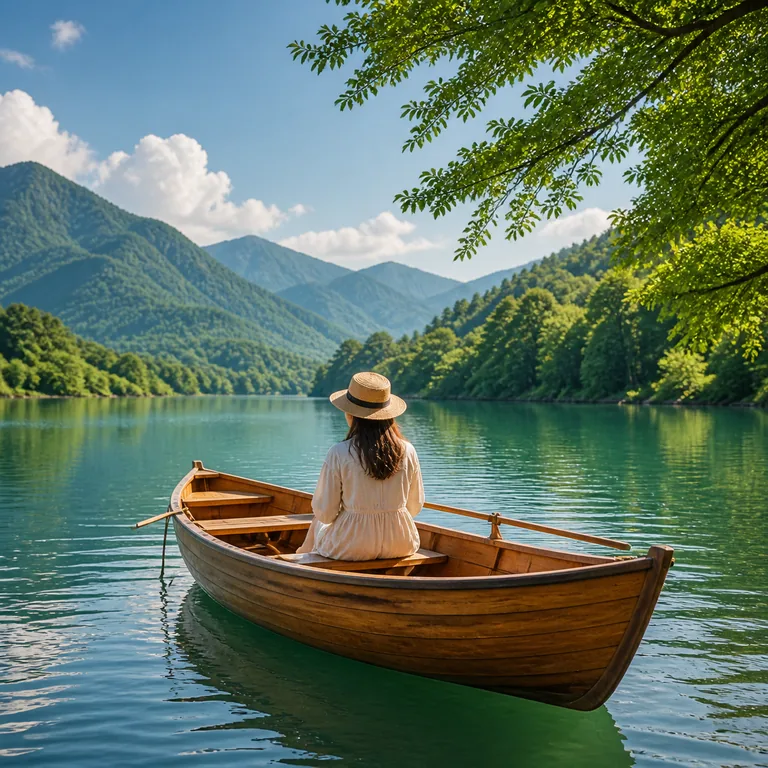 ภาพประกอบคำศัพท์จีน 船 เรือไม้ลอยอยู่บนทะเลสาบ