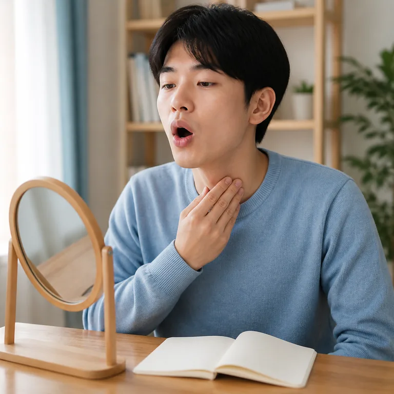 ภาพคำศัพท์จีน 读音 แสดงผู้เรียนฝึกออกเสียงหน้ากระจก