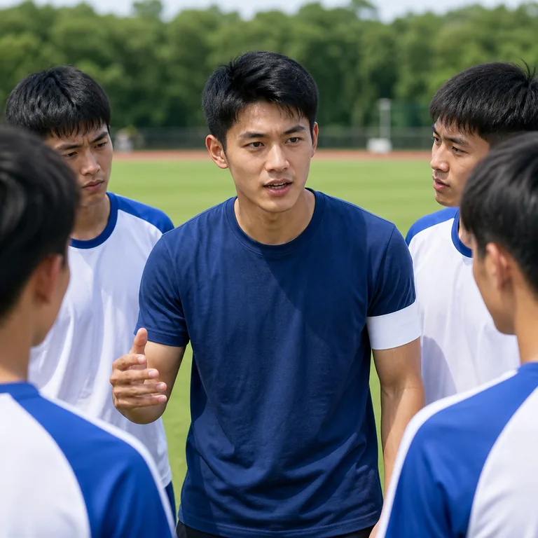 ภาพคำศัพท์จีน 队长 แสดงหัวหน้าทีมกำลังแนะนำเพื่อนร่วมทีม