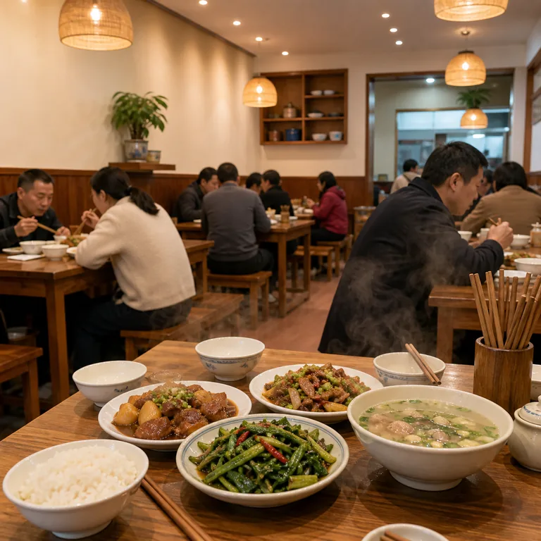ภาพคำศัพท์จีน 饭馆 แสดงร้านอาหารบรรยากาศอบอุ่นพร้อมโต๊ะอาหาร