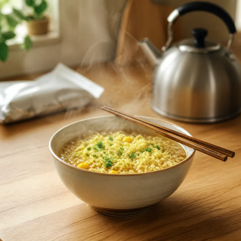 ภาพคำศัพท์จีน 方便面 แสดงบะหมี่กึ่งสำเร็จรูปร้อนๆ พร้อมกาต้มน้ำ