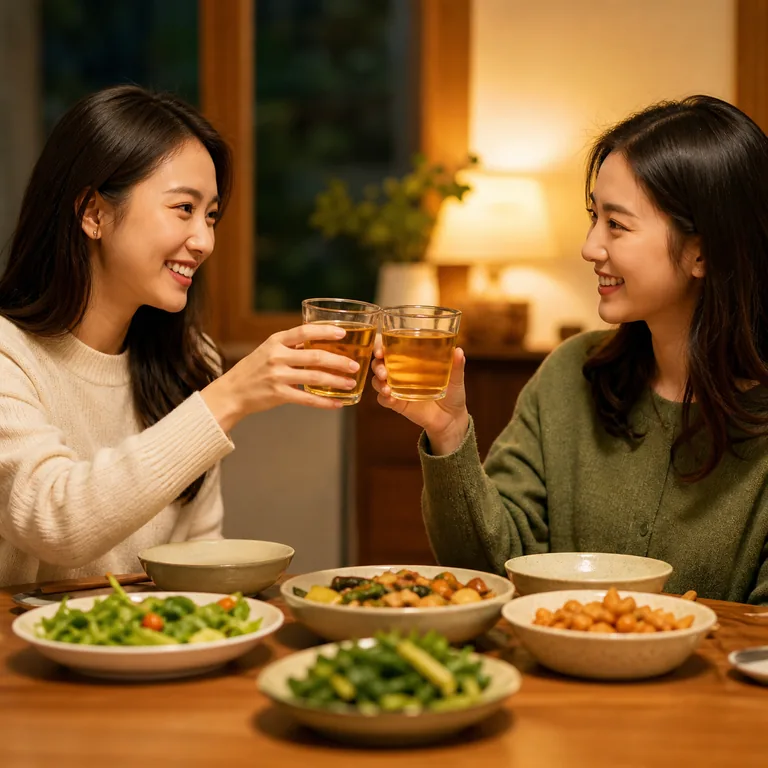 ภาพคำศัพท์จีน 干杯 แสดงเพื่อนสองคนกำลังชนแก้วเครื่องดื่ม