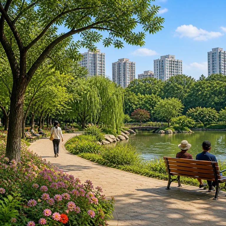 ภาพคำศัพท์จีน 公园 แสดงสวนสาธารณะในเมืองที่มีต้นไม้ ดอกไม้ ทางเดิน และบ่อน้ำ