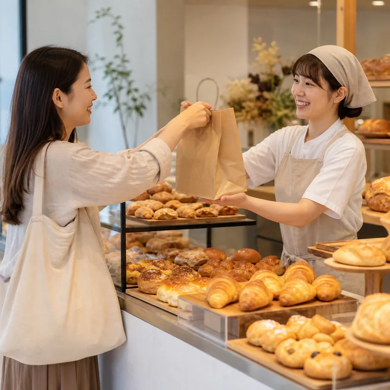 ภาพคำศัพท์จีน 顾客 แสดงลูกค้ารับถุงขนมจากพนักงานร้านเบเกอรี่