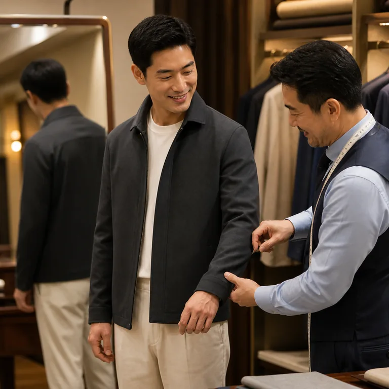 ภาพคำศัพท์จีน 合适 แสดงช่างกำลังปรับแขนเสื้อให้ลูกค้าจนเสื้อพอดีตัว
