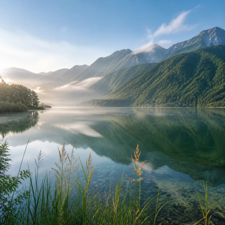 ภาพคำศัพท์จีน 湖 แสดงทะเลสาบใสสงบท่ามกลางภูเขาเขียวและต้นกก