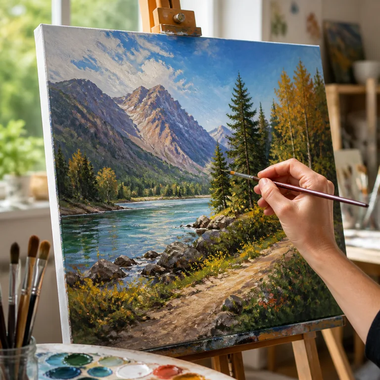 ภาพคำศัพท์จีน 画 แสดงมือศิลปินกำลังใช้พู่กันวาดภาพทิวทัศน์บนผ้าใบ