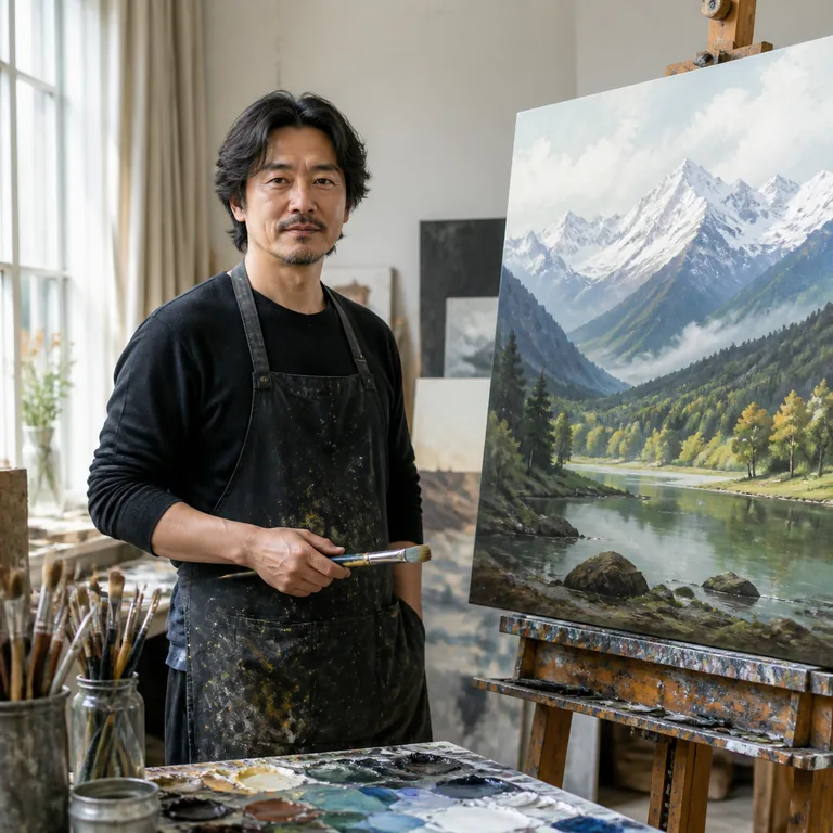 ภาพคำศัพท์จีน 画家 แสดงจิตรกรมืออาชีพยืนข้างภาพวาดทิวทัศน์ในสตูดิโอ