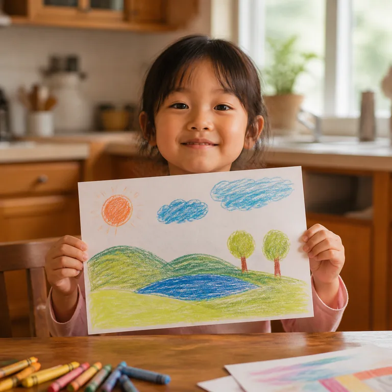 ภาพคำศัพท์จีน 画儿 แสดงเด็กถือภาพวาดสีสันบนกระดาษเปล่า